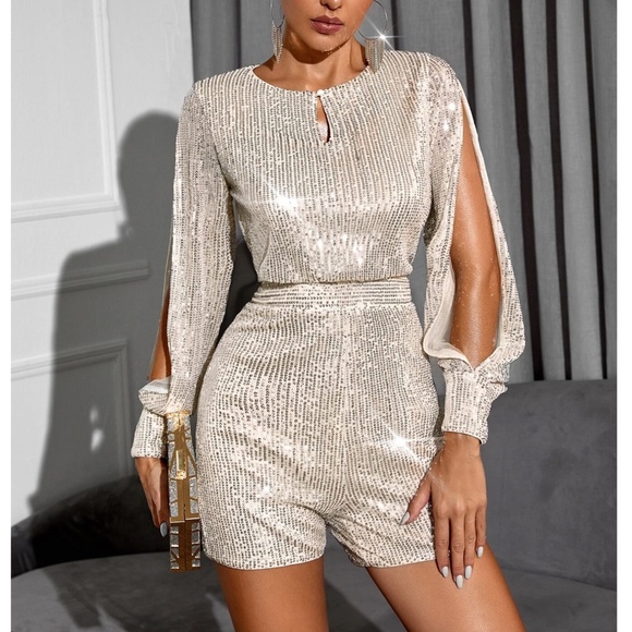 Luxe Cut out Sleeve Sequin Party Holiday Romper - Picture 2 of 4